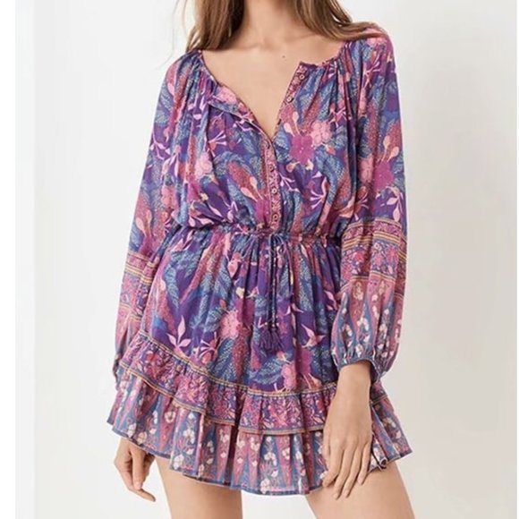 Bohemian Gypsy Purple Floral Print Mini Ruffle dress - Picture 7 of 16